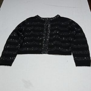 Sioni Black and Silver Sequin Striped Cardigan Sweater Size Large Open Front